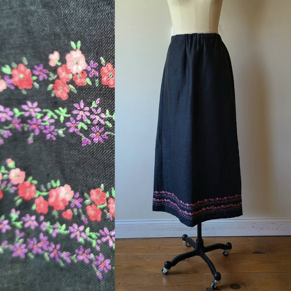 80s linen maxi skirt / black linen maxi skirt wit… - image 1