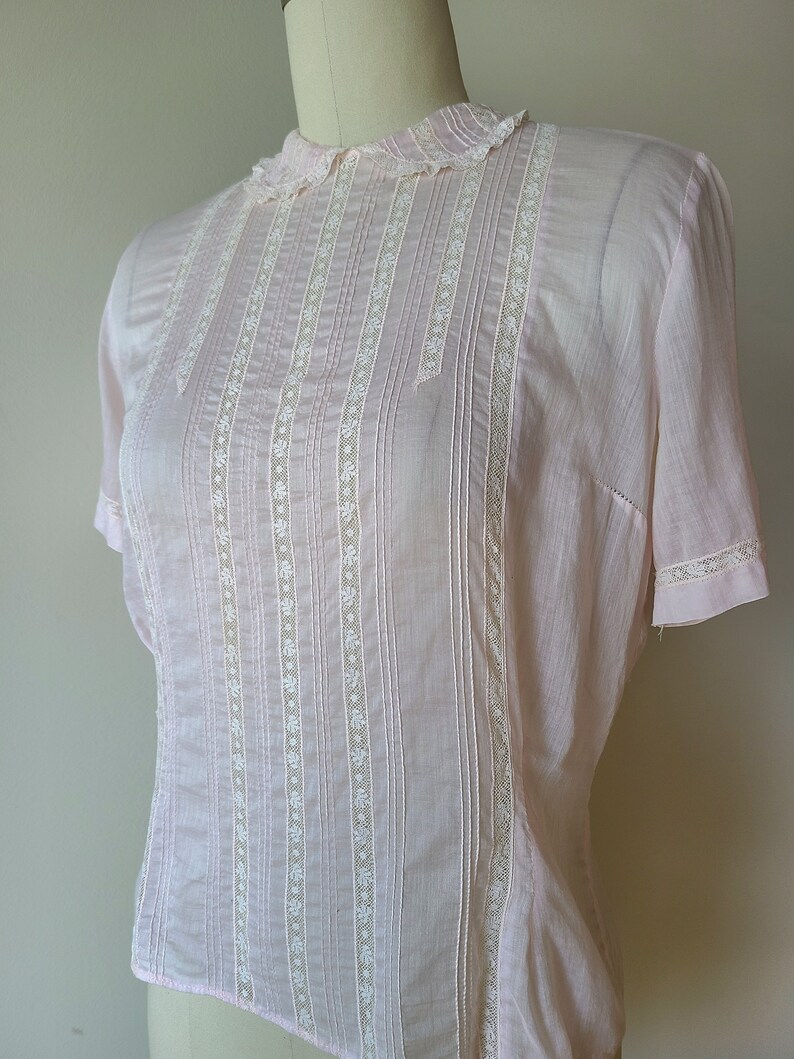 50's sheer lace blouse/ pink cotton fitted button back blouse with lace / by Patty Woodard of California size XS image 3