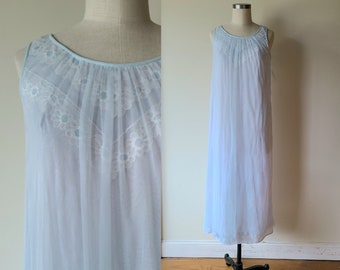 60's chiffon long gown / Aristocraft pale blue chiffon long negligee with lace yoke / size small