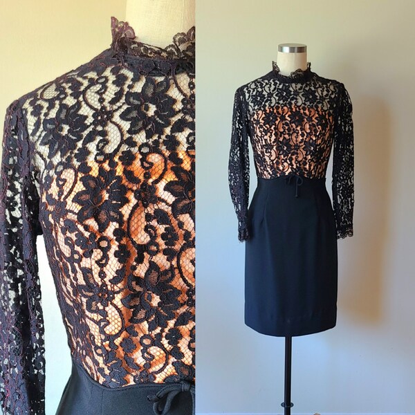 60's cocktail dress /  lace wiggle dress /Black Cocktail Dress  mod 60s party dress / by Sears and Roebuck size small