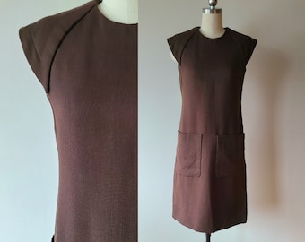 1960's Pierre Cardin Space Age dress/  brown mod A-line shift dress / designer dress / size extra small