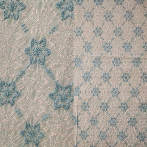 42 60s embroidered fabricblue and white semi sheer sewing fabric yardagelace fabric single length