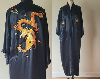 Vintage black silk hand embroidered dragon kimono by Golden Dragon; Asian duster Robe