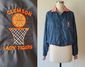 RARE vintage 80s Champion Clemson Lady Tigers nylon bomber basketball jacket with orange and white striped ribbed trim size medium-large