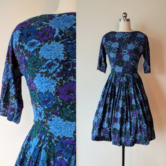 50s dress/ knit floral fit and flare dress /Size e