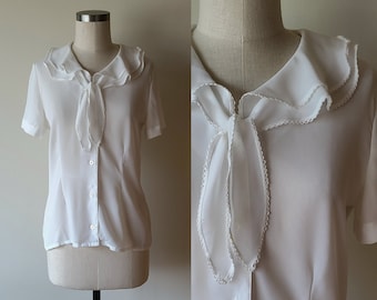 80's Ruffled blouse/ poet blouse / semi sheer short sleeve blouse / Secretary Blouse / tie front white dress blouse /Susan Bristol size 8