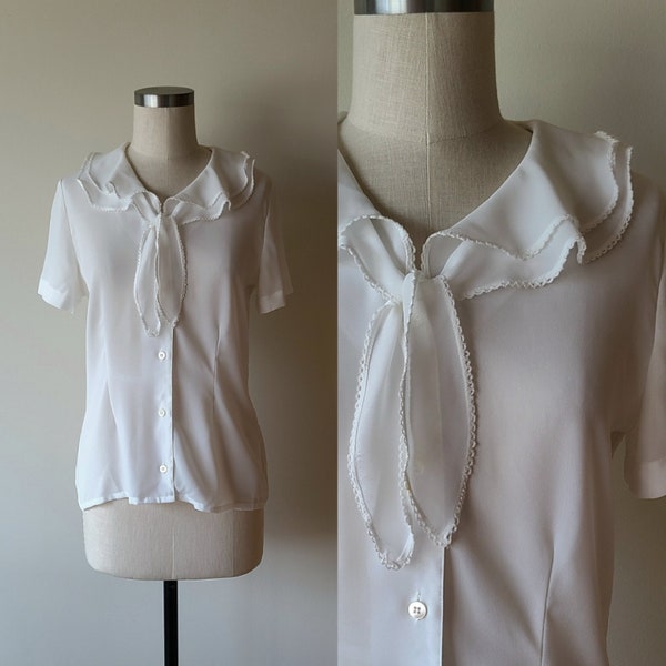 80's Ruffled blouse/ poet blouse / semi sheer short sleeve blouse / Secretary Blouse / tie front white dress blouse /Susan Bristol size 8