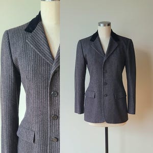 90&#39;s Ralph Lauren wool pinstriped blazer with velvet collar / equestrian jacket /womans wool fitted long blazer size 8