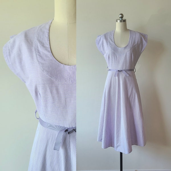 40s dress / lavender ribbed cotton dress / midi length day dress / tea dress /size extra small