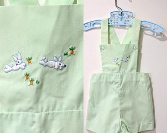60's romper/ green overalls with embroidered bunny rabbits / Easter outfit size 3-6 months
