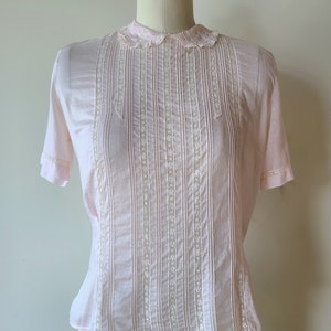 50's sheer lace blouse/ pink cotton fitted button back blouse with lace / by Patty Woodard of California size XS image 2