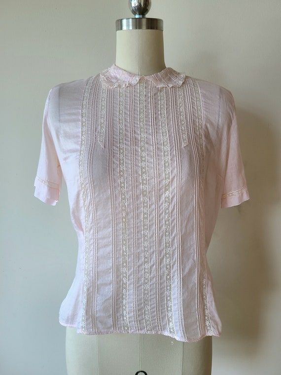 50's sheer lace blouse/ pink cotton fitted button… - image 2