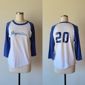 80s Fun Tee ringer baseball t shirt / Jaycettes League baseball ringer T / raglan sleeve / cotton tee   size 42-44 large