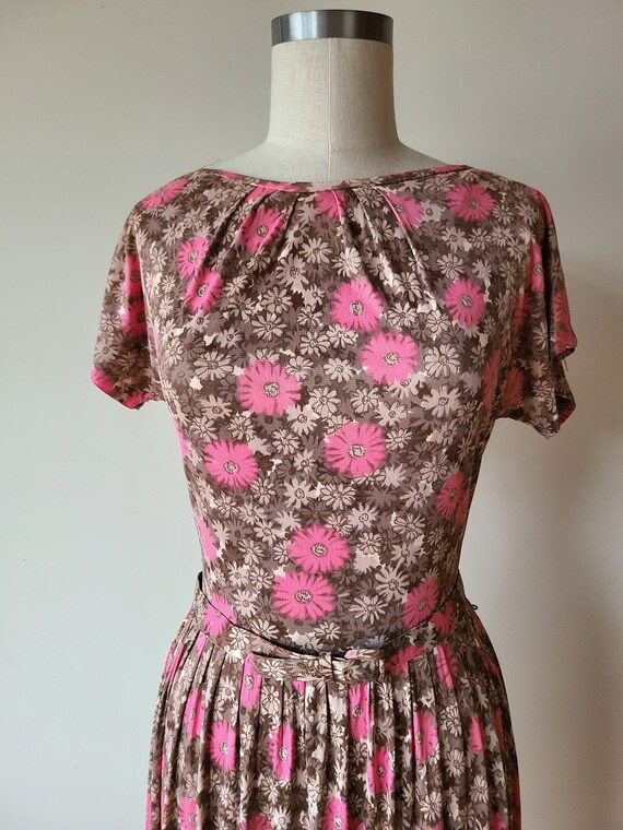 50s-60s nylon floral dress/ shirtwaist dress/ bel… - image 3