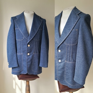 70&#39;s western polyester denim suit Jacket / wide lapel cowboy sport coat / country music jacket / western ranch wear /size 38 long small