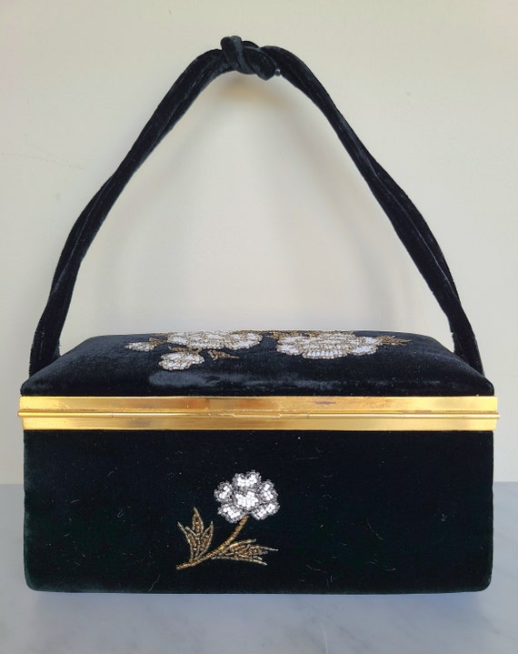 50's box purse / Japan Art Industries black velve… - image 4