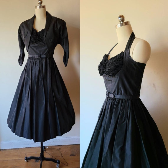 50s dress/ Tailored Junior black taffeta fit and … - image 1