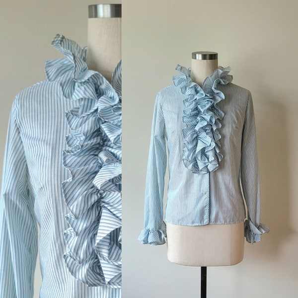 60's Ruffled front blouse / blue white striped shirt / poet blouse / romantic blouse / Secretary / pirate shirt / double ruffled size S