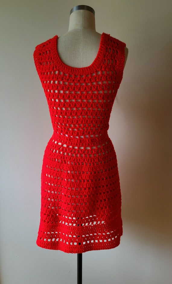 60's-70's crochet dress / handmade red crochet mi… - image 7