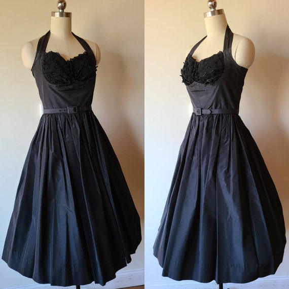 50s dress/ Tailored Junior black taffeta fit and … - image 3