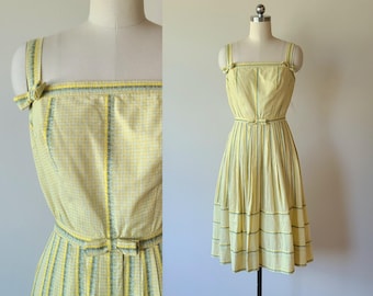 60s Marjorie Montgomery yellow gingham fit and flare embroidered striped sun dress size XXS