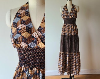 70s Arpeja Young Innocent maxi dress/ halter prairie dress / boho hippie / ruffled patchwork calico maxi / smocked peasant dress size XS-S