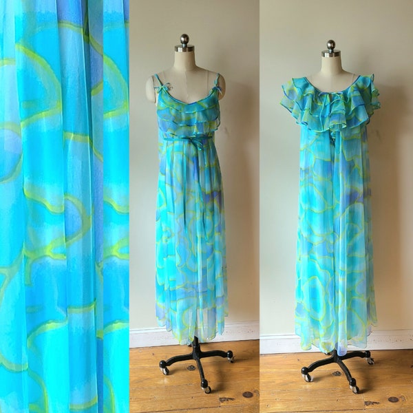 60s negligee set / mod long sheer abstract nightgown and robe set / watercolor chiffon size extra small