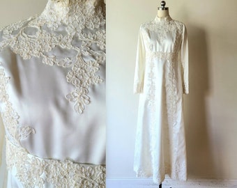 60's Wedding dress / satin soutache lace wedding dress with faux pearls / modest wedding dress / Juliet wedding dress size XS