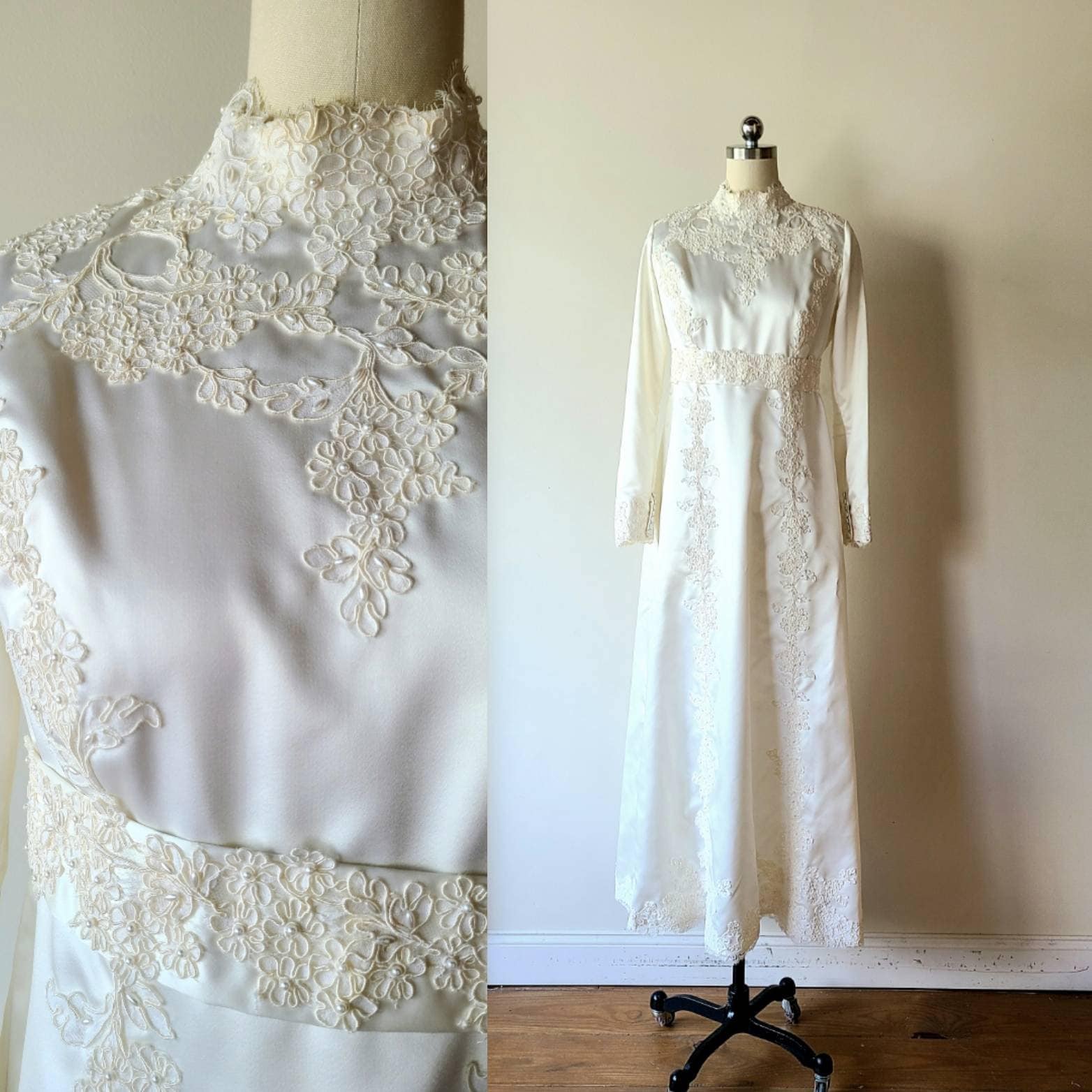 60er Jahre Hochzeitskleid / satin Soutache Spitze ...