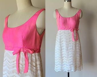 60's mod micro mini hot pink and lace empire waist party dress with bow size extra small