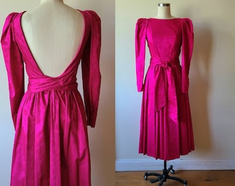 80s Laura Ashley cotton floral majenta damask Majenta V back formal dress; bridesmaid dress size small