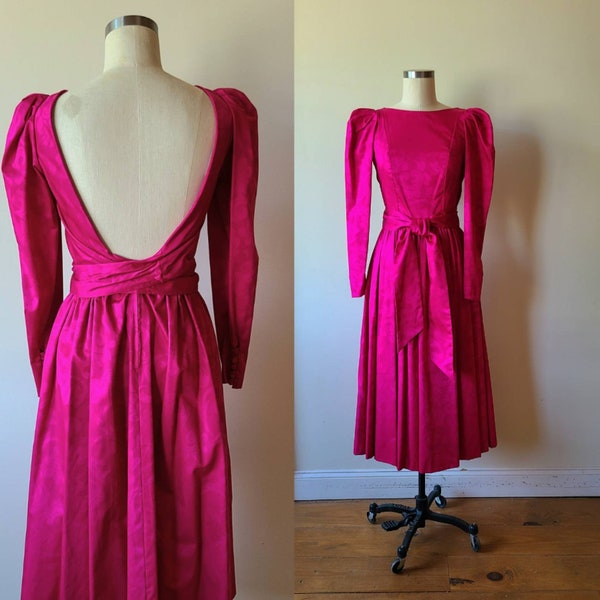 80s Laura Ashley formal dress / cotton floral damask / Laura Ashley Majenta / Fuchsia dress / formal dress / bridesmaid dress size small