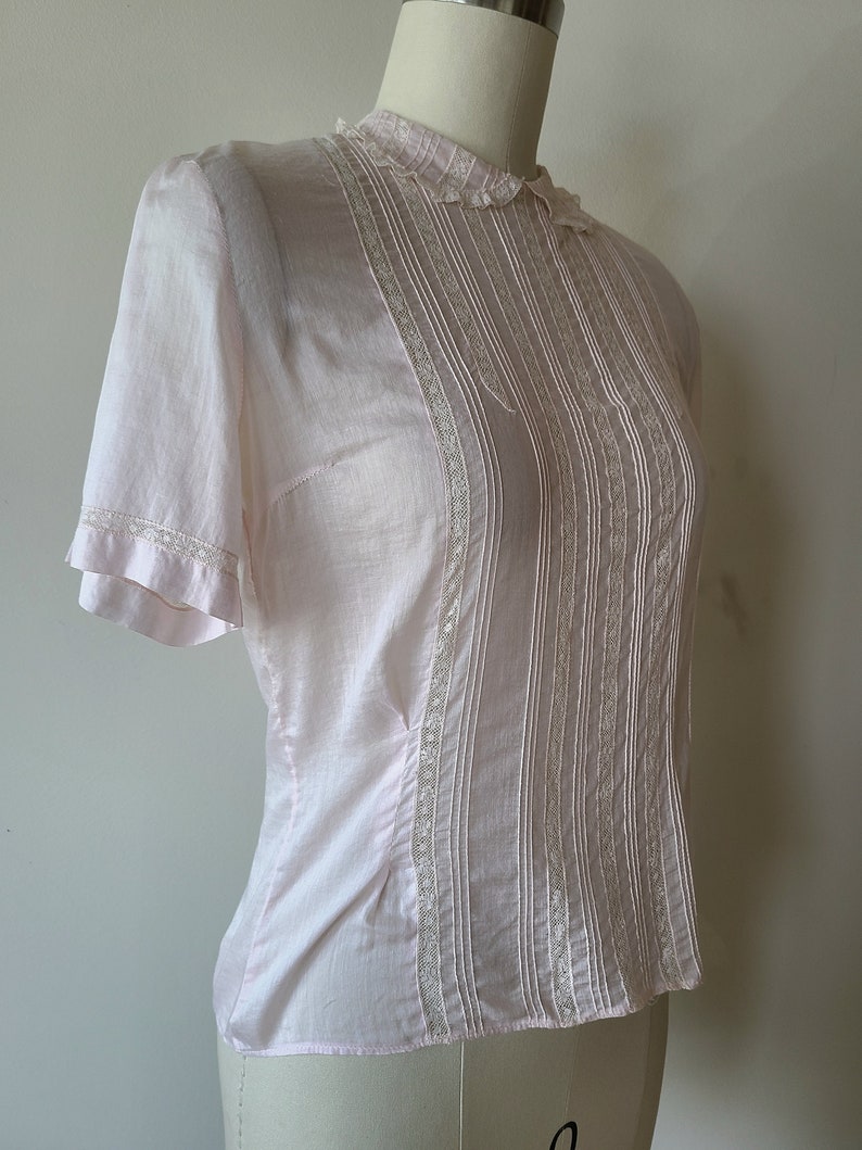 50's sheer lace blouse/ pink cotton fitted button back blouse with lace / by Patty Woodard of California size XS image 6