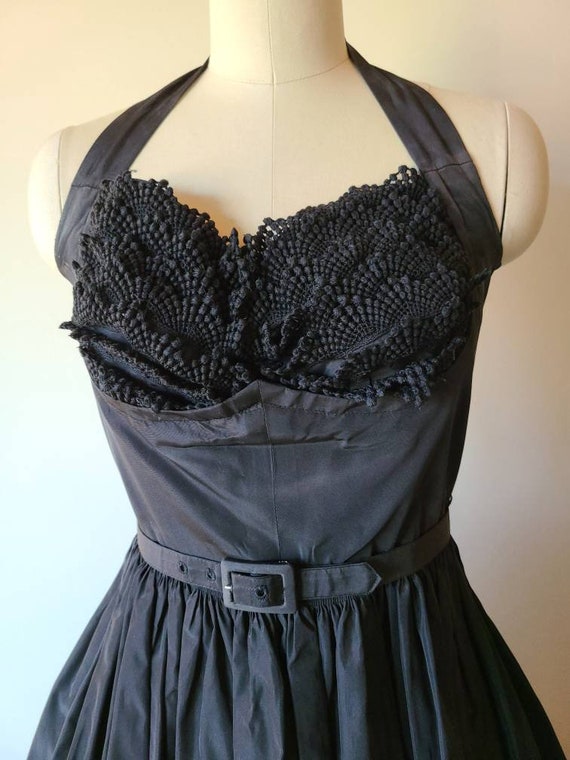 50s dress/ Tailored Junior black taffeta fit and … - image 2