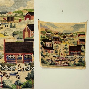Vintage micro needlepoint/ needlepoint village / bandshell / horse and buggy / 1900&#39;s village / barn / early American