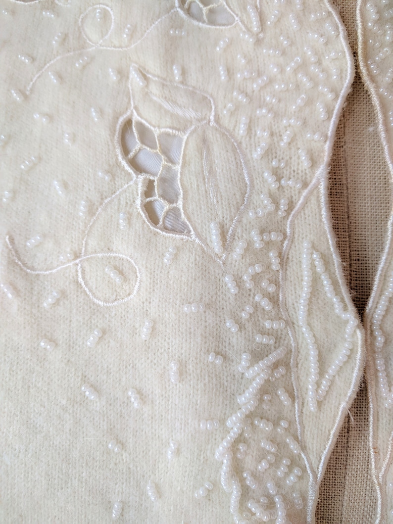 50/'s beaded sweater lambs wool off white beaded cutwork cardigan sweater by Contemporary Classics size smallmedium