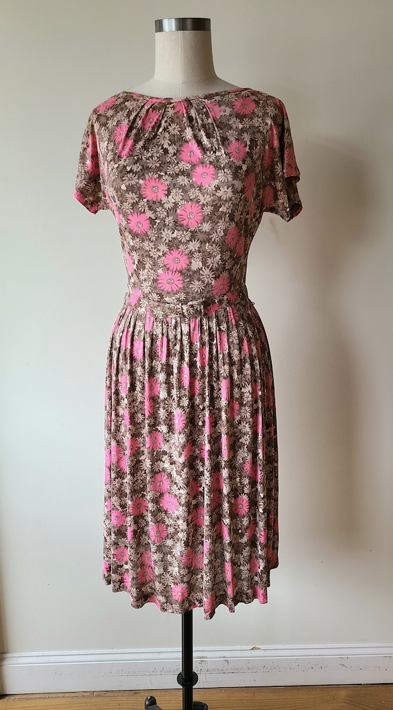 50s-60s nylon floral dress/ shirtwaist dress/ bel… - image 2