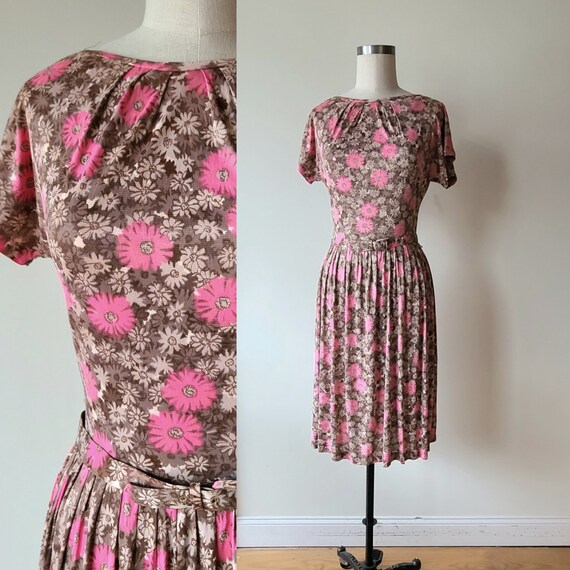 50s-60s nylon floral dress/ shirtwaist dress/ bel… - image 1