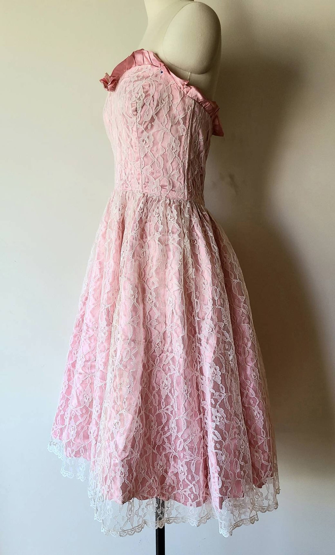 60s lace dress/ sweetheart neckline strapless pink satin and | Etsy