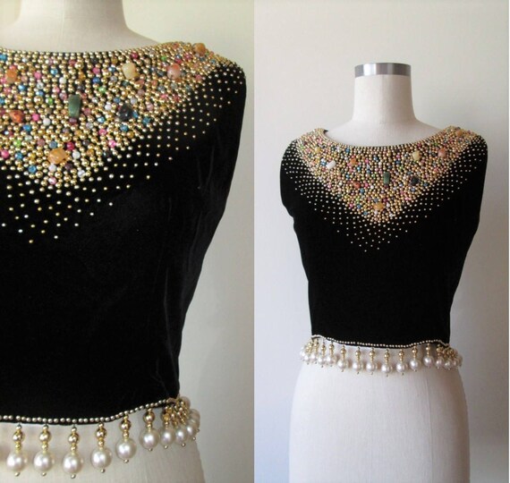 Vintage 60's top/ Black velvet beaded rhinestone c