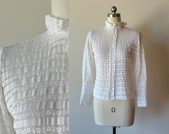 Vintage 50s ribbon lace high neck victorian style mutton sleeve blouse size extra small
