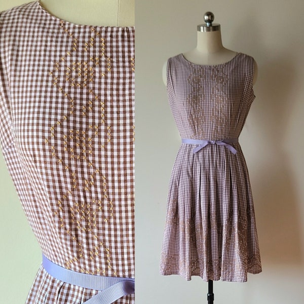 60's Dress / fit and flare day dress / brown and white gingham dress with hand embroidered cross stitch / check picnic dress / size XS