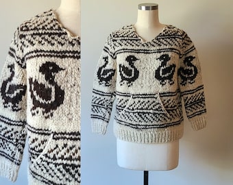 Vintage Cowichan style pullover handknit wool sweater size