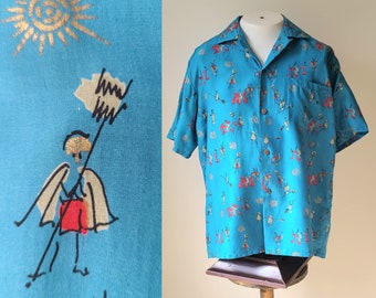 60's silk Libery House loop collar Hawaiian shirt / ricky shirt /screen print/ made in Hawaii by Hawaiian Casuals size L