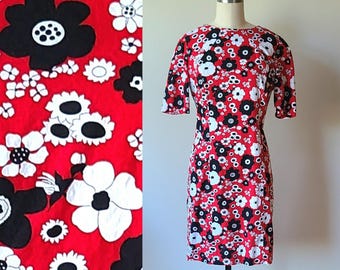 Robe trapèze rouge et noire Flower Power des années 60, taille moyenne