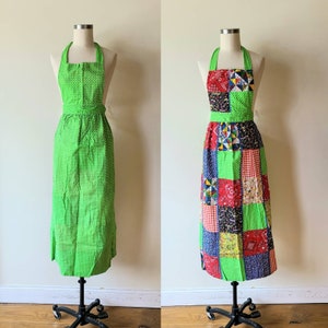 70&#39;s apron / patchwork pinafore maxi apron / full apron/ reversible apron