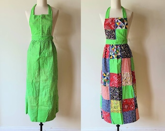 70's patchwork pinafore full reversible lime green polka dot maxi apron