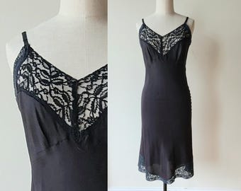 50's BIAS cut black midi length full lace trimmed slip dress