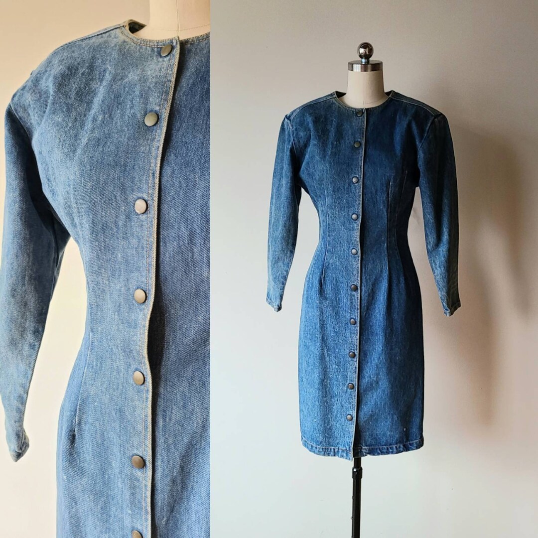 80's Denim Dress / Paris Blues Snap Front Wide Collar Blue - Etsy