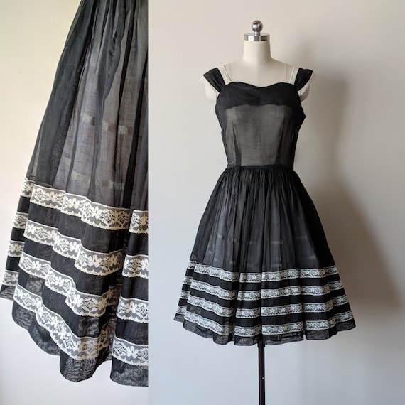 50's dress / sheer organdy black dress with lace t